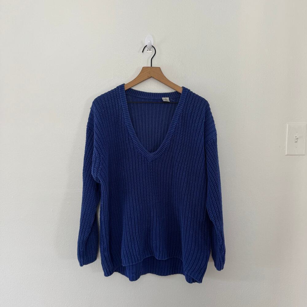 Vintage Blue Purple Cotton Ramie Knit V Oversize Sweater Size S